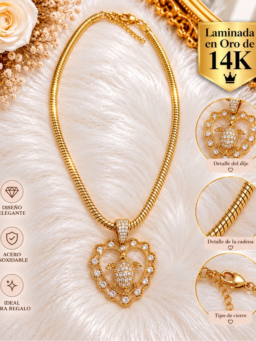 14K Gold-Plated Heart Pendant Necklace with Turtle Accent - Gold